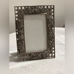 Vintage pewter picture frame for 2.5” x 4” photo in a rose trellis design